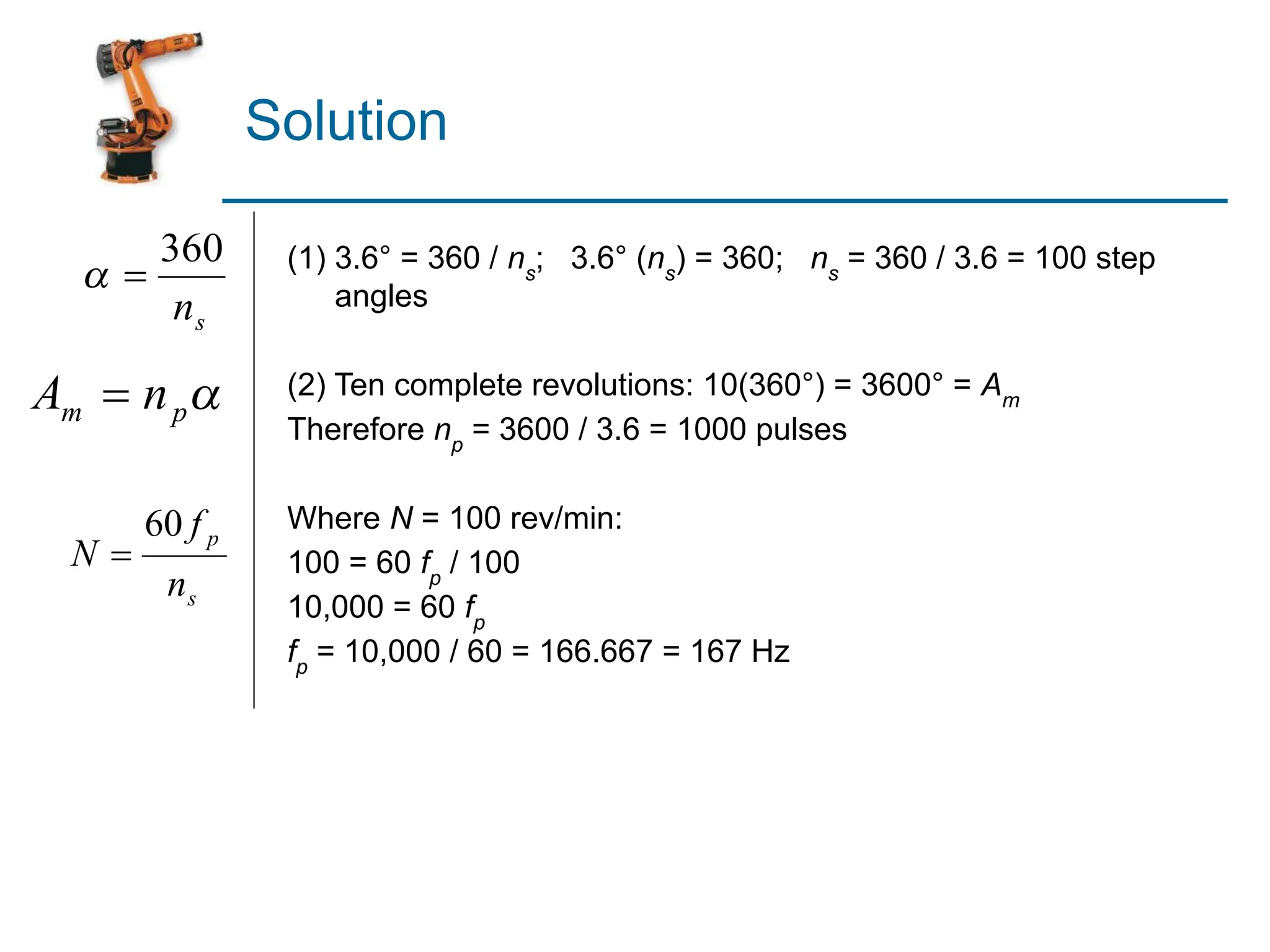 Solution
(1) 3.6° = 360 / ns
; 3.6° (ns
) = 360; ns
= 360 / 3.6 = 100 step
angles
(2) Ten complete revolutions: 10(360°) = 3600° = Am
Therefore np
= 3600 / 3.6 = 1000 pulses
Where N = 100 rev/min:
100 = 60 fp
/ 100
10,000 = 60 fp
fp
= 10,000 / 60 = 166.667 = 167 Hz
 