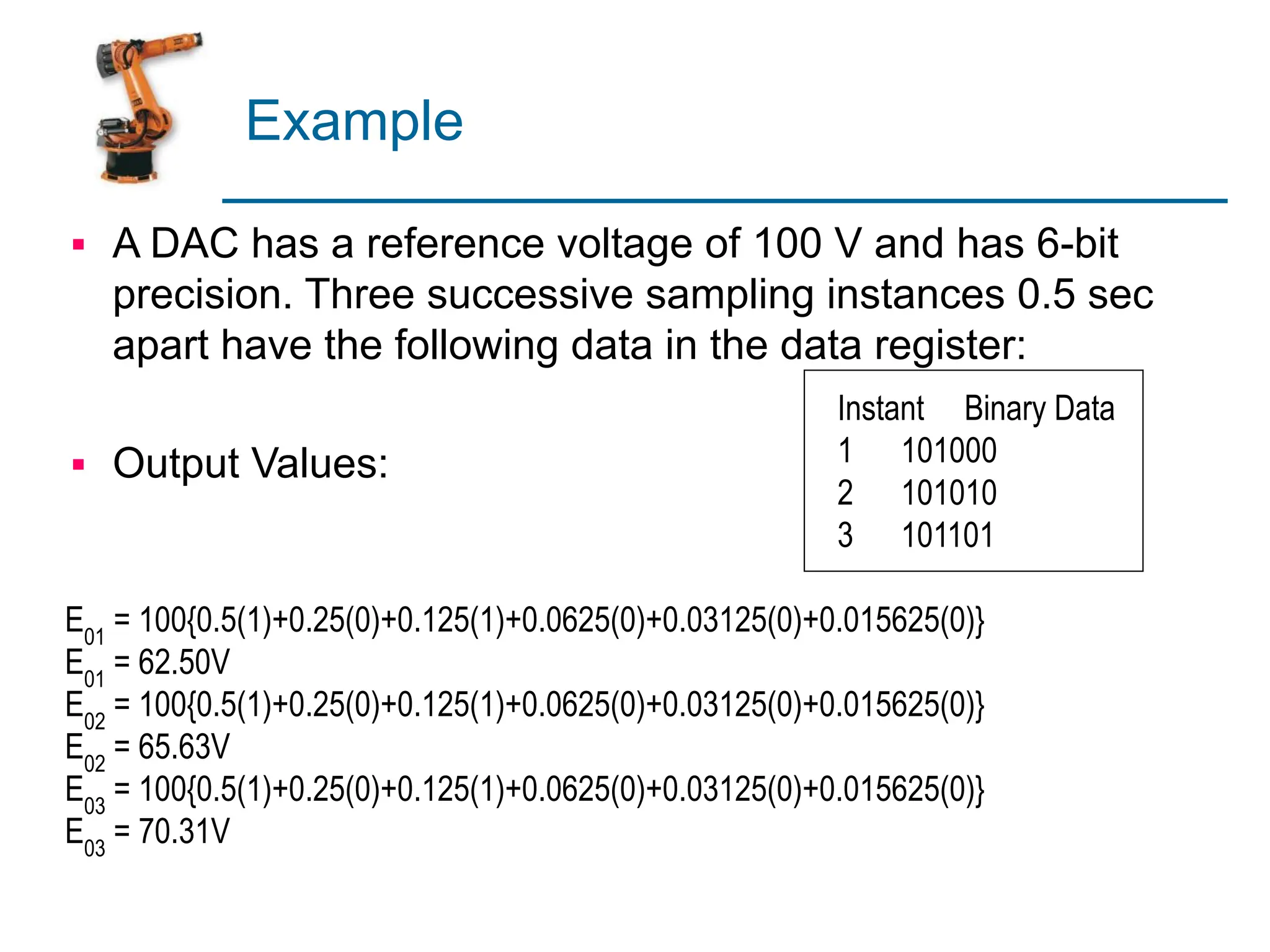 Example
▪ A DAC has a reference voltage of 100 V and has 6-bit
precision. Three successive sampling instances 0.5 sec
apart have the following data in the data register:
▪ Output Values:
Instant Binary Data
1 101000
2 101010
3 101101
E01
= 100{0.5(1)+0.25(0)+0.125(1)+0.0625(0)+0.03125(0)+0.015625(0)}
E01
= 62.50V
E02
= 100{0.5(1)+0.25(0)+0.125(1)+0.0625(0)+0.03125(0)+0.015625(0)}
E02
= 65.63V
E03
= 100{0.5(1)+0.25(0)+0.125(1)+0.0625(0)+0.03125(0)+0.015625(0)}
E03
= 70.31V
 