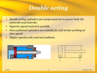 Double acting
  Double acting cylinders use compressed air to power both the
   outstroke and instroke.
  Superior speed control is possible
  Non cushioned cylinders are suitable for full stroke working at
   slow speed.
  Higher speeds with external cushions.




3/17/2013                          11                          Er. Sanyam S. Saini
 