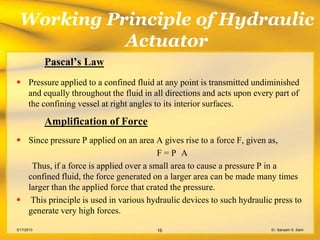Working Principle of Hydraulic
           Actuator
            Pascal’s Law
 Pressure applied to a confined fluid at any point is transmitted undiminished
  and equally throughout the fluid in all directions and acts upon every part of
  the confining vessel at right angles to its interior surfaces.

            Amplification of Force
 Since pressure P applied on an area A gives rise to a force F, given as,
                                        F=P A
   Thus, if a force is applied over a small area to cause a pressure P in a
  confined fluid, the force generated on a larger area can be made many times
  larger than the applied force that crated the pressure.
 This principle is used in various hydraulic devices to such hydraulic press to
  generate very high forces.
3/17/2013                              16                               Er. Sanyam S. Saini
 