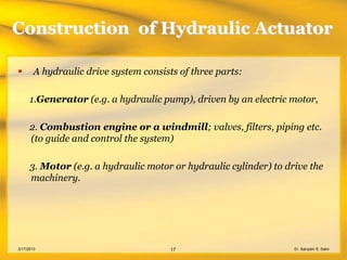 Construction of Hydraulic Actuator

       A hydraulic drive system consists of three parts:

      1.Generator (e.g. a hydraulic pump), driven by an electric motor,

      2. Combustion engine or a windmill; valves, filters, piping etc.
      (to guide and control the system)

      3. Motor (e.g. a hydraulic motor or hydraulic cylinder) to drive the
      machinery.




3/17/2013                               17                         Er. Sanyam S. Saini
 