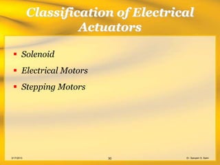 Classification of Electrical
                     Actuators

  Solenoid
  Electrical Motors
  Stepping Motors




3/17/2013                30           Er. Sanyam S. Saini
 
