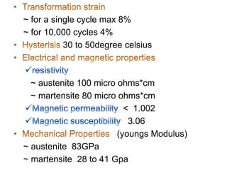 ~ for a single cycle max 8%
~ for 10,000 cycles 4%
30 to 50degree celsius
~ austenite 100 micro ohms*cm
~ martensite 80 micro ohms*cm
< 1.002
3.06
(youngs Modulus)
~ austenite 83GPa
~ martensite 28 to 41 Gpa
 