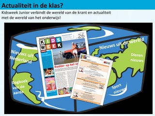 Actualiteit in de klas?  Kidsweek Junior verbindt de wereld van de krant en actualiteit  met de wereld van het onderwijs! Nieuws uit Nederland  Nieuws uit de wereld  Dagboek  van de  aarde  Dieren nieuws Sport nieuws 