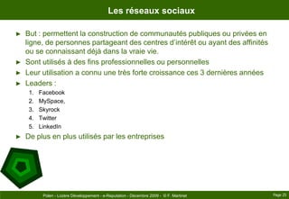 Les réseaux sociauxBut : permettent la construction de communautés publiques ou privées en ligne, de personnes partageant des centres d’intérêt ou ayant des affinités ou se connaissant déjà dans la vraie vie.Sont utilisés à des fins professionnelles ou personnellesLeur utilisation a connu une très forte croissance ces 3 dernières annéesLeaders :FacebookMySpace,SkyrockTwitterLinkedInDe plus en plus utilisés par les entreprisesPage 25Polen - Lozère Développement - e-Reputation - Décembre 2009 -  © F. Martinet