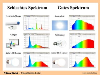 Mitra Licht – freundliches Licht www.mitralicht.de
Schlechtes Spektrum Gutes Spektrum
Leuchtstofflampe
Gadgets
kalte LED-L...