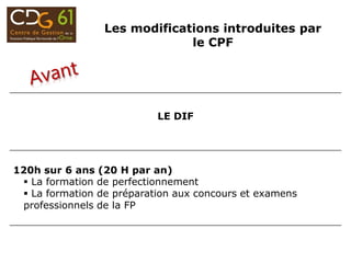 LE DIF
120h sur 6 ans (20 H par an)
 La formation de perfectionnement
 La formation de préparation aux concours et examens
professionnels de la FP
Les modifications introduites par
le CPF
 