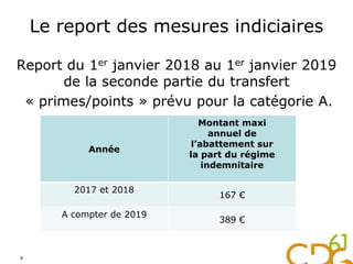 Le report des mesures indiciaires
Report du 1er janvier 2018 au 1er janvier 2019
de la seconde partie du transfert
« primes/points » prévu pour la catégorie A.
8
Année
Montant maxi
annuel de
l’abattement sur
la part du régime
indemnitaire
2017 et 2018
167 €
A compter de 2019
389 €
 