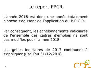 Le report PPCR
L’année 2018 est donc une année totalement
blanche s’agissant de l’application du P.P.C.R.
Par conséquent, les échelonnements indiciaires
de l’ensemble des cadres d’emplois ne sont
pas modifiés pour l’année 2018.
Les grilles indiciaires de 2017 continuent à
s’appliquer jusqu’au 31/12/2018.
9
 
