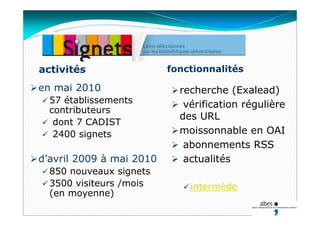 en mai 2010
 57 établissements
contributeurs
 dont 7 CADIST
 2400 signets
d’avril 2009 à mai 2010
 850 nouveaux signets
 3500 visiteurs /mois
(en moyenne)
recherche (Exalead)
 vérification régulière
des URL
moissonnable en OAI
 abonnements RSS
 actualités
 intermède
activités fonctionnalités
 