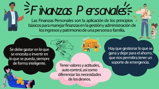 Fi
iNaNzas P e
rsoNal
le
s.
Las FinanzasPersonales son la aplicación de los principios
básicosparamanejarfinanzasenlagesti...