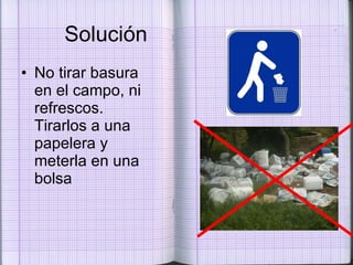Solución No tirar basura en el campo, ni refrescos. Tirarlos a una papelera y meterla en una bolsa 