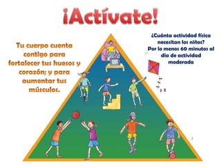 ¡Actívate! ¿Cuánta actividad física necesitan los niños? Por lo menos 60 minutos al día de actividad moderada Tu cuerpo cuenta contigo para fortalecer tus huesos y corazón; y para aumentar tus músculos. 