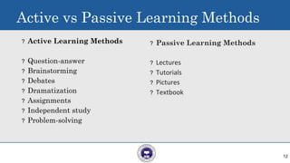 Active vs Passive Learning Methods
? Active Learning Methods
? Question-answer
? Brainstorming
? Debates
? Dramatization
? Assignments
? Independent study
? Problem-solving
? Passive Learning Methods
? Lectures
? Tutorials
? Pictures
? Textbook
12
 
