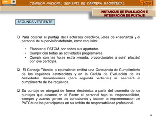 COMISIÓN NACIONAL SEP-SNTE DE CARRERA MAGISTERIAL




SEGUNDA VERTIENTE



 Para obtener el puntaje del Factor los directivos, jefes de enseñanza y el
  personal de supervisión deberán, como requisito:

    •   Elaborar el PATCM, con todos sus apartados.
    •   Cumplir con todas las actividades programadas.
    •   Cumplir con las horas extra jornada, proporcionales a su(s) plaza(s)
        con que participa.

 El Consejo Técnico o equivalente emitirá una Constancia de Cumplimiento
  de los requisitos establecidos y en la Cédula de Evaluación de las
  Actividades Cocurriculares (para segunda vertiente) se asentará el
  cumplimiento de los requisitos.

 Su puntaje se otorgará de forma electrónica a partir del promedio de los
  puntajes que alcance en el Factor el personal bajo su responsabilidad,
  siempre y cuando genere las condiciones y faciliten la implementación del
  PATCM de los participantes en su ámbito de responsabilidad profesional.


                                                                               18
 