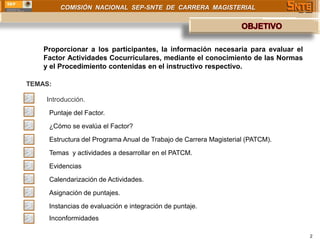 COMISIÓN NACIONAL SEP-SNTE DE CARRERA MAGISTERIAL




    Proporcionar a los participantes, la información necesaria para evaluar el
    Factor Actividades Cocurriculares, mediante el conocimiento de las Normas
    y el Procedimiento contenidas en el instructivo respectivo.

TEMAS:

    Introducción.

     Puntaje del Factor.

     ¿Cómo se evalúa el Factor?

     Estructura del Programa Anual de Trabajo de Carrera Magisterial (PATCM).

     Temas y actividades a desarrollar en el PATCM.

     Evidencias

     Calendarización de Actividades.

     Asignación de puntajes.

     Instancias de evaluación e integración de puntaje.
     Inconformidades

                                                                                 2
 