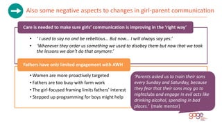 Also some negative aspects to changes in girl-parent communication
• ‘ I used to say no and be rebellious… But now… I will...