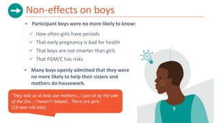 Non-effects on boys
 Participant boys were no more likely to know:
 How often girls have periods
 That early pregnancy ...