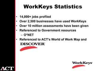 WorkKeys Statistics
• 14,000+ jobs profiled
• Over 2,500 businesses have used WorkKeys
• Over 10 million assessments have been given
• Referenced to Government resources
   – O*NET
• Referenced to ACT’s World of Work Map and
 