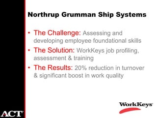 Northrup Grumman Ship Systems

• The Challenge: Assessing and
  developing employee foundational skills
• The Solution: WorkKeys job profiling,
  assessment & training
• The Results: 20% reduction in turnover
  & significant boost in work quality
 