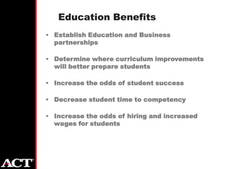 Education Benefits
• Establish Education and Business
  partnerships

• Determine where curriculum improvements
  will better prepare students

• Increase the odds of student success

• Decrease student time to competency

• Increase the odds of hiring and increased
  wages for students
 