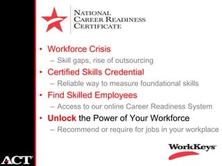 • Workforce Crisis
   – Skill gaps, rise of outsourcing
• Certified Skills Credential
   – Reliable way to measure foundational skills
• Find Skilled Employees
   – Access to our online Career Readiness System
• Unlock the Power of Your Workforce
   – Recommend or require for jobs in your workplace
 