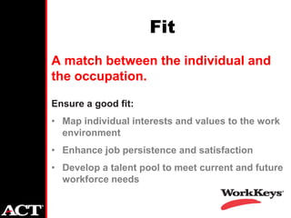 Fit
A match between the individual and
the occupation.

Ensure a good fit:
• Map individual interests and values to the work
  environment
• Enhance job persistence and satisfaction
• Develop a talent pool to meet current and future
  workforce needs
 