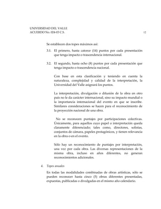 UNIVERSIDAD DEL VALLE
ACUERDO No. 024-03 C.S. 12
Se establecen dos topes máximos así:
3.1. El primero, hasta catorce (14) puntos por cada presentación
que tenga impacto o trascendencia internacional.
3.2. El segundo, hasta ocho (8) puntos por cada presentación que
tenga impacto o trascendencia nacional.
Con base en esta clasificación y teniendo en cuenta la
naturaleza, complejidad y calidad de la interpretación, la
Universidad del Valle asignará los puntos.
La interpretación, divulgación o difusión de la obra en otro
país no le da carácter internacional, sino su impacto mundial o
la importancia internacional del evento en que se inscribe.
Similares consideraciones se hacen para el reconocimiento de
la proyección nacional de una obra.
No se reconocen puntajes por participaciones colectivas.
Únicamente, para aquellos cuyo papel o interpretación queda
claramente diferenciado; tales como, directores, solistas,
conjuntos de cámara, papeles protagónicos, y tienen relevancia
en la obra o en el evento.
Sólo hay un reconocimiento de puntajes por interpretación,
una vez por cada obra. Las diversas representaciones de la
misma obra, incluso en años diferentes, no generan
reconocimientos adicionales.
4. Topes anuales
En todas las modalidades combinadas de obras artísticas, sólo se
pueden reconocer hasta cinco (5) obras diferentes presentadas,
expuestas, publicadas o divulgadas en el mismo año calendario.
 
