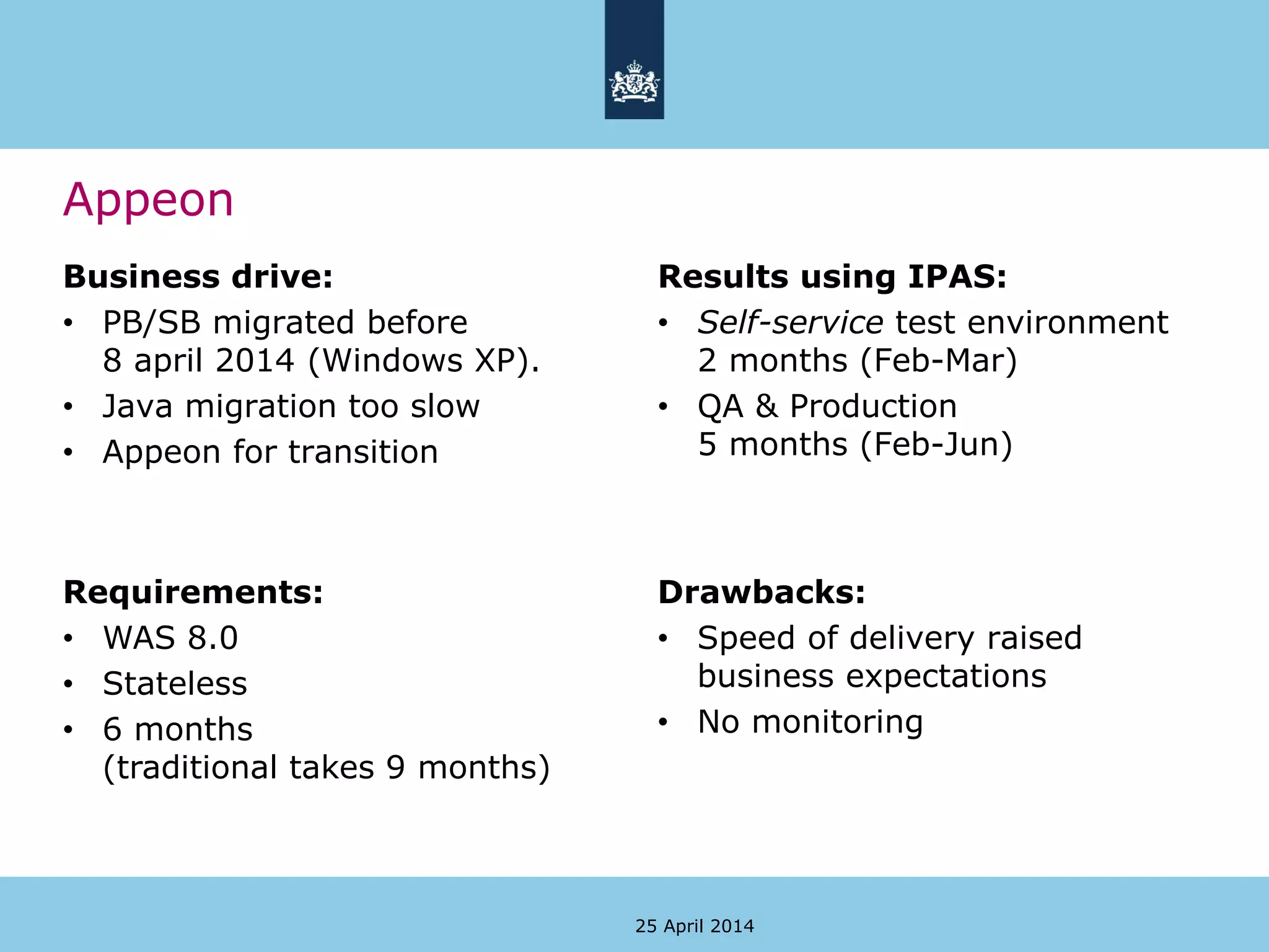 Appeon
Business drive:
• PB/SB migrated before
8 april 2014 (Windows XP).
• Java migration too slow
• Appeon for transition
Results using IPAS:
• Self-service test environment
2 months (Feb-Mar)
• QA & Production
5 months (Feb-Jun)
25 April 2014
Requirements:
• WAS 8.0
• Stateless
• 6 months
(traditional takes 9 months)
Drawbacks:
• Speed of delivery raised
business expectations
• No monitoring
 