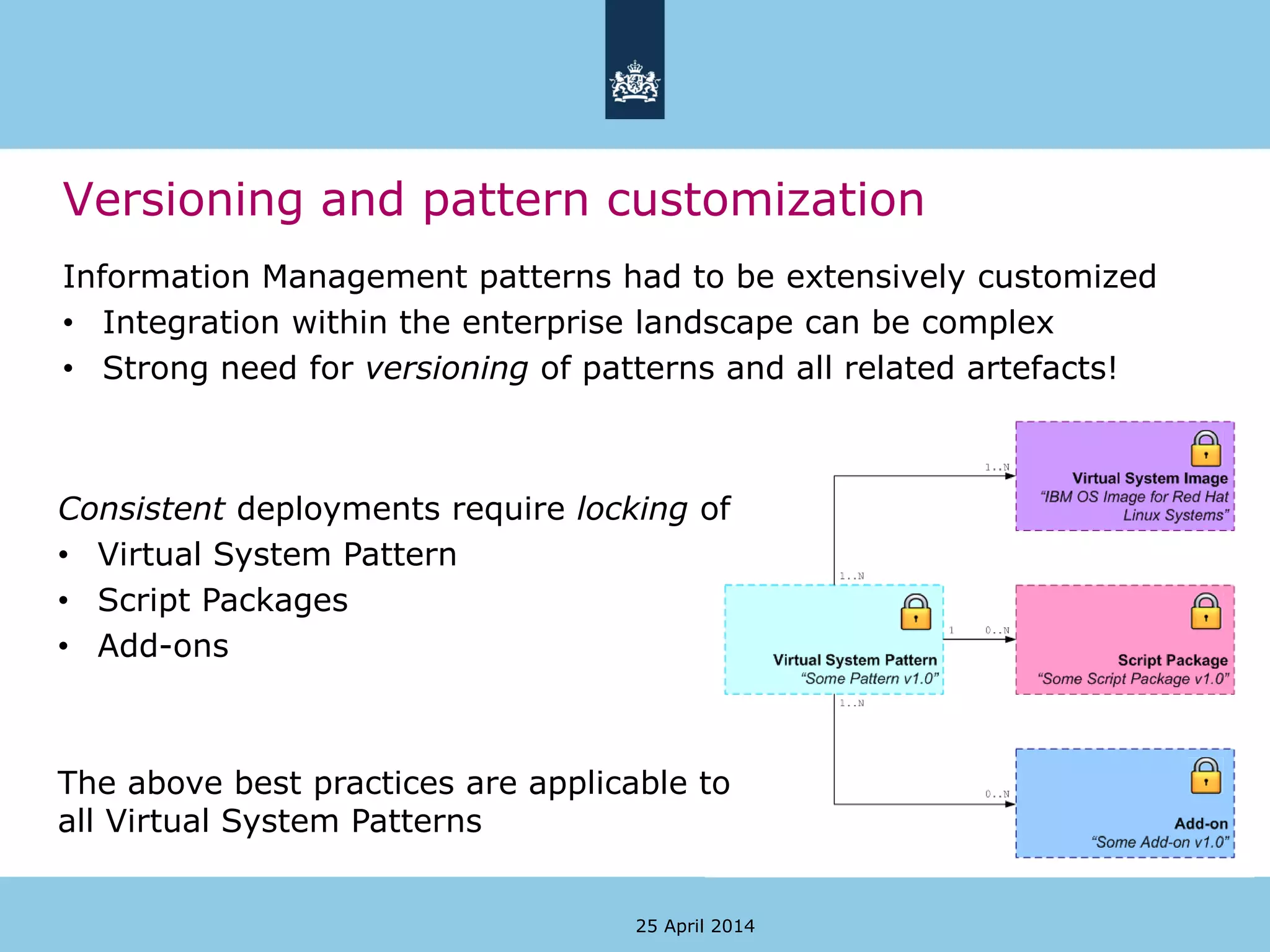 Versioning and pattern customization
Information Management patterns had to be extensively customized
• Integration within the enterprise landscape can be complex
• Strong need for versioning of patterns and all related artefacts!
25 April 2014
Consistent deployments require locking of
• Virtual System Pattern
• Script Packages
• Add-ons
The above best practices are applicable to
all Virtual System Patterns
 