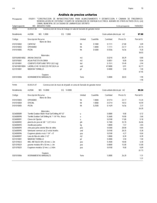 Página :
S10 10
0102011
Presupuesto "CONSTRUCCION DE INFRAESTRUCTURA PARA ALMACENAMIENTO Y DESINFECCION Y CAMARA DE FRIGORIFICO;
REMODELACION DE CISTERNA Y EQUIPO DE GENERACION DE ENERGIA ELECTRICA; ADEMÁS DE OTROS ACTIVOS EN EL (LA)
CAMAL MUNICIPAL DE LA CIUDAD DE LAMBAYEQUE DISTRITO
Análisis de precios unitarios
Fecha presupuesto 15/04/2021
003
Subpresupuesto ARQUITECTURA
Partida 03.05.01.06 Construcción de mesa de trabajo en sala de faenado de ganado menor
m2/DIA 7.2000
Rendimiento Costo unitario directo por : m2 87.88
7.2000
EQ.
MO.
Unidad Cuadrilla Cantidad Precio S/.
Código Descripción Recurso Parcial S/.
Mano de Obra
hh
0101010002 0.1000 0.1111 3.09
27.80
CAPATAZ
hh
0101010003 1.0000 1.1111 25.74
23.17
OPERARIO
hh
0101010005 0.5000 0.5556 9.20
16.56
PEON
38.03
Materiales
m3
02070200010002 0.0210 0.80
38.29
ARENA GRUESA
m3
0207070001 0.0051 0.04
8.00
AGUA PUESTA EN OBRA
bol
0213010001 0.1511 2.94
19.49
CEMENTO PORTLAND TIPO I (42.5 kg)
und
02160100010004 47.0000 42.77
0.91
LADRILLO KK 18 HUECOS 9X13X24 cm
p2
0231010001 0.4000 1.40
3.50
MADERA TORNILLO
47.95
Equipos
%mo
0301010006 5.0000 1.90
38.03
HERRAMIENTAS MANUALES
1.90
Partida 03.05.01.07 Construcción de muro de drywall, en zona de faenado de ganado menor
m2/DIA 14.0000
Rendimiento Costo unitario directo por : m2 89.24
14.0000
EQ.
MO.
Unidad Cuadrilla Cantidad Precio S/.
Código Descripción Recurso Parcial S/.
Mano de Obra
hh
0101010003 1.0000 0.5714 13.24
23.17
OPERARIO
hh
0101010004 1.0000 0.5714 10.59
18.53
OFICIAL
hh
0101010005 0.2500 0.1429 2.37
16.56
PEON
26.20
Materiales
u
0226000089 0.0800 0.72
9.00
Tornillo Grabber Wafer Head Self Drilling #8*1/2"
u
0226000090 0.2600 2.60
10.00
Tornillo Grabber Self Drilling #6 *1 1/4" Pta , Broca
u
0226000091 0.0100 0.18
17.80
Clavos de Fijación
pln
0226000092 0.7300 26.06
35.70
plancha de yeso de 5/8 " 1.22*2.44 m
kg
0226000093 1.8000 2.83
1.57
masilla para juntas
pza
0226000094 0.0300 0.84
28.00
cinta para junta exterior fibra de vidrio
und
0226000095 0.0100 0.28
28.35
fulminante rammset cal 22 verde tiroxtiro
pza
0226000096 0.0100 0.04
4.27
Esquinero plástico recto 1 1/4" + 8"
m2
0226000097 1.0000 8.39
8.39
Lana de fibra de vidrio 3 1/2"
p2
0231010001 0.4000 1.40
3.50
MADERA TORNILLO
pza
0251070023 0.3500 6.30
18.00
RIEL METALICO 89 x 50 mm, L=3m
pza
0251070024 0.8000 12.00
15.00
parante metalico 89 x 50 mm, L=3m
pza
0251070025 0.0100 0.09
9.00
Esquinero metalico 32 mm, L=2.40m
61.73
Equipos
%mo
0301010006 5.0000 1.31
26.20
HERRAMIENTAS MANUALES
1.31
 