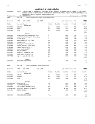 Página :
S10 11
0102011
Presupuesto "CONSTRUCCION DE INFRAESTRUCTURA PARA ALMACENAMIENTO Y DESINFECCION Y CAMARA DE FRIGORIFICO;
REMODELACION DE CISTERNA Y EQUIPO DE GENERACION DE ENERGIA ELECTRICA; ADEMÁS DE OTROS ACTIVOS EN EL (LA)
CAMAL MUNICIPAL DE LA CIUDAD DE LAMBAYEQUE DISTRITO
Análisis de precios unitarios
Fecha presupuesto 15/04/2021
003
Subpresupuesto ARQUITECTURA
Partida 03.05.01.08 Construcción de muro de drywall, en zona administrativa
m2/DIA 14.0000
Rendimiento Costo unitario directo por : m2 89.24
14.0000
EQ.
MO.
Unidad Cuadrilla Cantidad Precio S/.
Código Descripción Recurso Parcial S/.
Mano de Obra
hh
0101010003 1.0000 0.5714 13.24
23.17
OPERARIO
hh
0101010004 1.0000 0.5714 10.59
18.53
OFICIAL
hh
0101010005 0.2500 0.1429 2.37
16.56
PEON
26.20
Materiales
u
0226000089 0.0800 0.72
9.00
Tornillo Grabber Wafer Head Self Drilling #8*1/2"
u
0226000090 0.2600 2.60
10.00
Tornillo Grabber Self Drilling #6 *1 1/4" Pta , Broca
u
0226000091 0.0100 0.18
17.80
Clavos de Fijación
pln
0226000092 0.7300 26.06
35.70
plancha de yeso de 5/8 " 1.22*2.44 m
kg
0226000093 1.8000 2.83
1.57
masilla para juntas
pza
0226000094 0.0300 0.84
28.00
cinta para junta exterior fibra de vidrio
und
0226000095 0.0100 0.28
28.35
fulminante rammset cal 22 verde tiroxtiro
pza
0226000096 0.0100 0.04
4.27
Esquinero plástico recto 1 1/4" + 8"
m2
0226000097 1.0000 8.39
8.39
Lana de fibra de vidrio 3 1/2"
p2
0231010001 0.4000 1.40
3.50
MADERA TORNILLO
pza
0251070023 0.3500 6.30
18.00
RIEL METALICO 89 x 50 mm, L=3m
pza
0251070024 0.8000 12.00
15.00
parante metalico 89 x 50 mm, L=3m
pza
0251070025 0.0100 0.09
9.00
Esquinero metalico 32 mm, L=2.40m
61.73
Equipos
%mo
0301010006 5.0000 1.31
26.20
HERRAMIENTAS MANUALES
1.31
Partida 03.05.01.09 Construcción de baños en zona administrativa
m2/DIA 7.2000
Rendimiento Costo unitario directo por : m2 87.88
7.2000
EQ.
MO.
Unidad Cuadrilla Cantidad Precio S/.
Código Descripción Recurso Parcial S/.
Mano de Obra
hh
0101010002 0.1000 0.1111 3.09
27.80
CAPATAZ
hh
0101010003 1.0000 1.1111 25.74
23.17
OPERARIO
hh
0101010005 0.5000 0.5556 9.20
16.56
PEON
38.03
Materiales
m3
02070200010002 0.0210 0.80
38.29
ARENA GRUESA
m3
0207070001 0.0051 0.04
8.00
AGUA PUESTA EN OBRA
bol
0213010001 0.1511 2.94
19.49
CEMENTO PORTLAND TIPO I (42.5 kg)
und
02160100010004 47.0000 42.77
0.91
LADRILLO KK 18 HUECOS 9X13X24 cm
p2
0231010001 0.4000 1.40
3.50
MADERA TORNILLO
47.95
Equipos
%mo
0301010006 5.0000 1.90
38.03
HERRAMIENTAS MANUALES
1.90
 