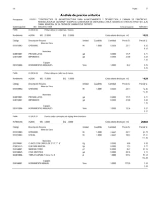 Página :
S10 27
0102011
Presupuesto "CONSTRUCCION DE INFRAESTRUCTURA PARA ALMACENAMIENTO Y DESINFECCION Y CAMARA DE FRIGORIFICO;
REMODELACION DE CISTERNA Y EQUIPO DE GENERACION DE ENERGIA ELECTRICA; ADEMÁS DE OTROS ACTIVOS EN EL (LA)
CAMAL MUNICIPAL DE LA CIUDAD DE LAMBAYEQUE DISTRITO
Análisis de precios unitarios
Fecha presupuesto 15/04/2021
003
Subpresupuesto ARQUITECTURA
Partida 03.09.04.03 Pintura látex en columnas 2 manos
m2/DIA 22.0000
Rendimiento Costo unitario directo por : m2 10.22
22.0000
EQ.
MO.
Unidad Cuadrilla Cantidad Precio S/.
Código Descripción Recurso Parcial S/.
Mano de Obra
hh
0101010003 1.0000 0.3636 8.42
23.17
OPERARIO
8.42
Materiales
gal
0240010001 0.0400 0.71
17.79
PINTURA LATEX
gal
0240150001 0.0400 0.84
21.00
IMPRIMANTE
1.55
Equipos
%mo
0301010006 3.0000 0.25
8.42
HERRAMIENTAS MANUALES
0.25
Partida 03.09.04.04 Pintura látex en cieloraso 2 manos
m2/DIA 15.0000
Rendimiento Costo unitario directo por : m2 14.28
15.0000
EQ.
MO.
Unidad Cuadrilla Cantidad Precio S/.
Código Descripción Recurso Parcial S/.
Mano de Obra
hh
0101010003 1.0000 0.5333 12.36
23.17
OPERARIO
12.36
Materiales
gal
0240010001 0.0400 0.71
17.79
PINTURA LATEX
gal
0240150001 0.0400 0.84
21.00
IMPRIMANTE
1.55
Equipos
%mo
0301010006 3.0000 0.37
12.36
HERRAMIENTAS MANUALES
0.37
Partida 03.09.05.01 Puerta cedro-contraplacada triplay 9mm interiores
m2/DIA 3.0000
Rendimiento Costo unitario directo por : m2 258.02
3.0000
EQ.
MO.
Unidad Cuadrilla Cantidad Precio S/.
Código Descripción Recurso Parcial S/.
Mano de Obra
hh
0101010003 1.0000 2.6667 61.79
23.17
OPERARIO
hh
0101010004 1.0000 2.6667 49.41
18.53
OFICIAL
111.20
Materiales
Kg
0202200001 0.0500 0.20
4.00
CLAVOS CON CABEZA DE 2 1/2", 3", 4"
hja
0230010245 0.5000 0.77
1.53
LIJA PARA MADERA
p2
0243100001 10.3000 87.24
8.47
MADERA CEDRO
gal
0243100025 0.2000 4.15
20.76
COLA SINTETICA
pl
0244010006 1.0000 51.12
51.12
TRIPLAY LUPUNA 9 mm x 4' x 8'
143.48
Equipos
%mo
0348100001 3.0000 3.34
111.20
HERRAMIENTA MANUAL
3.34
 
