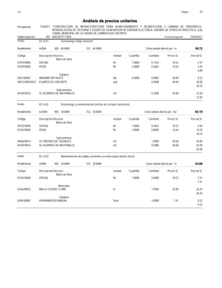 Página :
S10 43
0102011
Presupuesto "CONSTRUCCION DE INFRAESTRUCTURA PARA ALMACENAMIENTO Y DESINFECCION Y CAMARA DE FRIGORIFICO;
REMODELACION DE CISTERNA Y EQUIPO DE GENERACION DE ENERGIA ELECTRICA; ADEMÁS DE OTROS ACTIVOS EN EL (LA)
CAMAL MUNICIPAL DE LA CIUDAD DE LAMBAYEQUE DISTRITO
Análisis de precios unitarios
Fecha presupuesto 15/04/2021
003
Subpresupuesto ARQUITECTURA
Partida 03.14.01 Desmontaje rielaje existente
m/DIA 60.0000
Rendimiento Costo unitario directo por : m 39.72
60.0000
EQ.
MO.
Unidad Cuadrilla Cantidad Precio S/.
Código Descripción Recurso Parcial S/.
Mano de Obra
hh
0101010004 1.0000 0.1333 2.47
18.53
OFICIAL
hh
0101010005 2.0000 0.2667 4.42
16.56
PEON
6.89
Equipos
día
0301340001 0.5000 0.0083 0.33
40.00
ANDAMIO METALICO
und
03013700010012 0.5000 20.00
40.00
EQUIPOS DE OXICORTE
20.33
Subcontratos
m3
0410010016 0.2500 12.50
50.00
SC ACARREO DE MATERIALES
12.50
Partida 03.14.02 Desmontaje y mantenimiento (techos de corrales existentes)
m2/DIA 30.0000
Rendimiento Costo unitario directo por : m2 63.19
30.0000
EQ.
MO.
Unidad Cuadrilla Cantidad Precio S/.
Código Descripción Recurso Parcial S/.
Mano de Obra
hh
0101010004 1.0000 0.2667 4.94
18.53
OFICIAL
hh
0101010005 3.0000 0.8000 13.25
16.56
PEON
18.19
Subcontratos
m2
0406020014 1.0000 20.00
20.00
SC PINTADO DE TIJERALES
m3
0410010016 0.5000 25.00
50.00
SC ACARREO DE MATERIALES
45.00
Partida 03.14.03 Mantenimiento de rejillas existentes en mal estado (ancho 34cm)
m/DIA 20.0000
Rendimiento Costo unitario directo por : m 33.88
20.0000
EQ.
MO.
Unidad Cuadrilla Cantidad Precio S/.
Código Descripción Recurso Parcial S/.
Mano de Obra
hh
0101010004 1.0000 0.4000 7.41
18.53
OFICIAL
7.41
Materiales
m
0246240022 1.0500 26.25
25.00
MALLA CEDAZO 12 MM
26.25
Equipos
%mo
0348100001 3.0000 0.22
7.41
HERRAMIENTA MANUAL
0.22
 