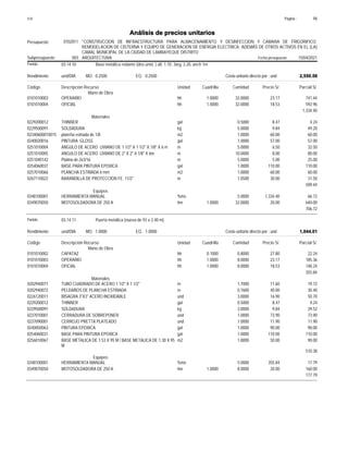 Página :
S10 46
0102011
Presupuesto "CONSTRUCCION DE INFRAESTRUCTURA PARA ALMACENAMIENTO Y DESINFECCION Y CAMARA DE FRIGORIFICO;
REMODELACION DE CISTERNA Y EQUIPO DE GENERACION DE ENERGIA ELECTRICA; ADEMÁS DE OTROS ACTIVOS EN EL (LA)
CAMAL MUNICIPAL DE LA CIUDAD DE LAMBAYEQUE DISTRITO
Análisis de precios unitarios
Fecha presupuesto 15/04/2021
003
Subpresupuesto ARQUITECTURA
Partida 03.14.10 Base metálica rodante (dos unid. ) alt. 1.10 , larg. 2.20, anch 1m
und/DIA 0.2500
Rendimiento Costo unitario directo por : und 2,550.56
0.2500
EQ.
MO.
Unidad Cuadrilla Cantidad Precio S/.
Código Descripción Recurso Parcial S/.
Mano de Obra
hh
0101010003 1.0000 32.0000 741.44
23.17
OPERARIO
hh
0101010004 1.0000 32.0000 592.96
18.53
OFICIAL
1,334.40
Materiales
gal
0229200012 0.5000 4.24
8.47
THINNER
kg
0229500091 5.0000 49.20
9.84
SOLDADURA
m2
02340600010015 1.0000 60.00
60.00
plancha estriada de 1/8
gal
0240020016 1.0000 57.00
57.00
PINTURA GLOSS
m
0251010004 5.0000 32.50
6.50
ANGULO DE ACERO LIVIANO DE 1 1/2" X 1 1/2" X 1/8" X 6 m
m
0251010005 10.0000 80.00
8.00
ANGULO DE ACERO LIVIANO DE 2" X 2" X 1/8" X 6m
m
0251040142 5.0000 25.00
5.00
Platina de 2x3/16
gal
0254060031 1.0000 110.00
110.00
BASE PARA PINTURA EPOXICA
m2
0257010066 1.0000 60.00
60.00
PLANCHA ESTRIADA 6 mm'
m
0267110022 1.0500 31.50
30.00
BARANDILLA DE PROTECCION FE. 11/2"
509.44
Equipos
%mo
0348100001 5.0000 66.72
1,334.40
HERRAMIENTA MANUAL
hm
0349070050 1.0000 32.0000 640.00
20.00
MOTOSOLDADORA DE 250 A
706.72
Partida 03.14.11 Puerta metálica (nueva de 93 x 2.40 m)
und/DIA 1.0000
Rendimiento Costo unitario directo por : und 1,044.01
1.0000
EQ.
MO.
Unidad Cuadrilla Cantidad Precio S/.
Código Descripción Recurso Parcial S/.
Mano de Obra
hh
0101010002 0.1000 0.8000 22.24
27.80
CAPATAZ
hh
0101010003 1.0000 8.0000 185.36
23.17
OPERARIO
hh
0101010004 1.0000 8.0000 148.24
18.53
OFICIAL
355.84
Materiales
m
0202940071 1.7000 19.72
11.60
TUBO CUADRADO DE ACERO 1 1/2" X 1 1/2"
m
0202940072 0.7600 30.40
40.00
PELDAÑOS DE PLANCHA ESTRIADA
und
0226120011 3.0000 50.70
16.90
BISAGRA 3"X3" ACERO INOXIDABLE
gal
0229200012 0.5000 4.24
8.47
THINNER
kg
0229500091 3.0000 29.52
9.84
SOLDADURA
und
0237010001 1.0000 73.90
73.90
CERRADURA DE SOBREPONER
und
0237090001 1.0000 11.90
11.90
CERROJO PRETTA PLATEADO
gal
0240050063 1.0000 90.00
90.00
PINTURA EPOXICA
gal
0254060031 1.0000 110.00
110.00
BASE PARA PINTURA EPOXICA
m2
0256010067 1.8000 90.00
50.00
BASE METALICA DE 1.53 X 95 M / BASE METALICA DE 1.30 X 95
M
510.38
Equipos
%mo
0348100001 5.0000 17.79
355.84
HERRAMIENTA MANUAL
hm
0349070050 1.0000 8.0000 160.00
20.00
MOTOSOLDADORA DE 250 A
177.79
 