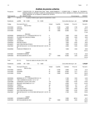 Página :
S10 47
0102011
Presupuesto "CONSTRUCCION DE INFRAESTRUCTURA PARA ALMACENAMIENTO Y DESINFECCION Y CAMARA DE FRIGORIFICO;
REMODELACION DE CISTERNA Y EQUIPO DE GENERACION DE ENERGIA ELECTRICA; ADEMÁS DE OTROS ACTIVOS EN EL (LA)
CAMAL MUNICIPAL DE LA CIUDAD DE LAMBAYEQUE DISTRITO
Análisis de precios unitarios
Fecha presupuesto 15/04/2021
003
Subpresupuesto ARQUITECTURA
Partida 03.14.12 Escaleras metálicas (para cajones de aturdimiento, 2 unid.)
und/DIA 0.5000
Rendimiento Costo unitario directo por : und 1,511.02
0.5000
EQ.
MO.
Unidad Cuadrilla Cantidad Precio S/.
Código Descripción Recurso Parcial S/.
Mano de Obra
hh
0101010002 0.1000 1.6000 44.48
27.80
CAPATAZ
hh
0101010003 1.0000 16.0000 370.72
23.17
OPERARIO
hh
0101010004 1.0000 16.0000 296.48
18.53
OFICIAL
711.68
Materiales
m
0202940065 1.0000 30.00
30.00
BARANDAS DE FE. 2" CON BALAUSTRES DE 11/2
m
0202940072 1.0000 40.00
40.00
PELDAÑOS DE PLANCHA ESTRIADA
gal
0229200012 0.5000 4.24
8.47
THINNER
kg
0229500091 3.0000 29.52
9.84
SOLDADURA
gal
0240050063 1.0000 90.00
90.00
PINTURA EPOXICA
gal
0254060031 1.0000 110.00
110.00
BASE PARA PINTURA EPOXICA
m2
0256010067 2.0000 100.00
50.00
BASE METALICA DE 1.53 X 95 M / BASE METALICA DE 1.30 X 95
M
m2
0256020083 1.0000 40.00
40.00
PLANCHA ESTRIADA DE 1/8
443.76
Equipos
%mo
0348100001 5.0000 35.58
711.68
HERRAMIENTA MANUAL
hm
0349070050 1.0000 16.0000 320.00
20.00
MOTOSOLDADORA DE 250 A
355.58
Partida 03.14.13 Portón de salida de vehículos (3.96 x 3.00)
und/DIA 1.0000
Rendimiento Costo unitario directo por : und 1,743.97
1.0000
EQ.
MO.
Unidad Cuadrilla Cantidad Precio S/.
Código Descripción Recurso Parcial S/.
Mano de Obra
hh
0101010002 0.1000 0.8000 22.24
27.80
CAPATAZ
hh
0101010003 2.0000 16.0000 370.72
23.17
OPERARIO
hh
0101010004 2.0000 16.0000 296.48
18.53
OFICIAL
689.44
Materiales
m
0202940065 2.1000 63.00
30.00
BARANDAS DE FE. 2" CON BALAUSTRES DE 11/2
m
0202940071 1.5000 17.40
11.60
TUBO CUADRADO DE ACERO 1 1/2" X 1 1/2"
und
0226070088 1.0000 179.90
179.90
CERRADURA 3 GOLPES TIPO FORTE
pza
0226160013 6.0000 261.00
43.50
BISAGRAS CAPUCHINAS DE 4" X 4"
gal
0229200012 0.5000 4.24
8.47
THINNER
kg
0229500091 3.0000 29.52
9.84
SOLDADURA
gal
0240050063 1.0000 90.00
90.00
PINTURA EPOXICA
gal
0254060031 1.0000 110.00
110.00
BASE PARA PINTURA EPOXICA
m2
0256010067 2.1000 105.00
50.00
BASE METALICA DE 1.53 X 95 M / BASE METALICA DE 1.30 X 95
M
860.06
Equipos
%mo
0348100001 5.0000 34.47
689.44
HERRAMIENTA MANUAL
hm
0349070050 1.0000 8.0000 160.00
20.00
MOTOSOLDADORA DE 250 A
194.47
 