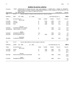 Página :
S10 48
0102011
Presupuesto "CONSTRUCCION DE INFRAESTRUCTURA PARA ALMACENAMIENTO Y DESINFECCION Y CAMARA DE FRIGORIFICO;
REMODELACION DE CISTERNA Y EQUIPO DE GENERACION DE ENERGIA ELECTRICA; ADEMÁS DE OTROS ACTIVOS EN EL (LA)
CAMAL MUNICIPAL DE LA CIUDAD DE LAMBAYEQUE DISTRITO
Análisis de precios unitarios
Fecha presupuesto 15/04/2021
003
Subpresupuesto ARQUITECTURA
Partida 03.14.14 Barandas metálicas en manga de conducción (fabricación, colocación y pintado)
m/DIA 10.0000
Rendimiento Costo unitario directo por : m 165.32
10.0000
EQ.
MO.
Unidad Cuadrilla Cantidad Precio S/.
Código Descripción Recurso Parcial S/.
Mano de Obra
hh
0101010002 0.1000 0.0800 2.22
27.80
CAPATAZ
hh
0101010003 1.0000 0.8000 18.54
23.17
OPERARIO
hh
0101010005 2.0000 1.6000 26.50
16.56
PEON
47.26
Materiales
kg
0229500100 3.5000 52.92
15.12
SOLDADURA AWS E7018 O SIMILAR
m
02650600010021 1.0500 24.78
23.60
TUBO DE FIERRO 2" 1/2" SCH-40
77.70
Equipos
%mo
0301010006 5.0000 2.36
47.26
HERRAMIENTAS MANUALES
hm
0349070050 0.5000 0.4000 8.00
20.00
MOTOSOLDADORA DE 250 A
10.36
Subcontratos
m
0401090005 1.0000 30.00
30.00
SC PINTADO DE BARANDA
30.00
Partida 03.14.15 Puerta de rejilla metálica (en corrales y manga de conducción)
und/DIA 1.0000
Rendimiento Costo unitario directo por : und 409.14
1.0000
EQ.
MO.
Unidad Cuadrilla Cantidad Precio S/.
Código Descripción Recurso Parcial S/.
Mano de Obra
hh
0101010004 1.0000 8.0000 148.24
18.53
OFICIAL
hh
0101010005 1.0000 8.0000 132.48
16.56
PEON
280.72
Materiales
und
0203310005 1.0000 120.00
120.00
PUERTA DE REJILLA METALICA SEGUN DISEÑO
120.00
Equipos
%MO
0337010001 3.0000 8.42
280.72
HERRAMIENTAS MANUALES
8.42
 
