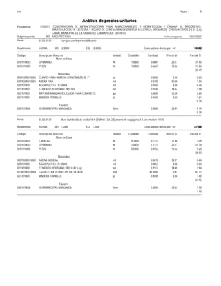 Página :
S10 5
0102011
Presupuesto "CONSTRUCCION DE INFRAESTRUCTURA PARA ALMACENAMIENTO Y DESINFECCION Y CAMARA DE FRIGORIFICO;
REMODELACION DE CISTERNA Y EQUIPO DE GENERACION DE ENERGIA ELECTRICA; ADEMÁS DE OTROS ACTIVOS EN EL (LA)
CAMAL MUNICIPAL DE LA CIUDAD DE LAMBAYEQUE DISTRITO
Análisis de precios unitarios
Fecha presupuesto 15/04/2021
003
Subpresupuesto ARQUITECTURA
Partida 03.02.01.01 Tarrajeo con Impermeabilizante
m2/DIA 12.0000
Rendimiento Costo unitario directo por : m2 36.62
12.0000
EQ.
MO.
Unidad Cuadrilla Cantidad Precio S/.
Código Descripción Recurso Parcial S/.
Mano de Obra
hh
0101010003 1.0000 0.6667 15.45
23.17
OPERARIO
hh
0101010005 1.0000 0.6667 11.04
16.56
PEON
26.49
Materiales
kg
02041200010005 0.0200 0.05
2.50
CLAVOS PARA MADERA CON CABEZA DE 3"
m3
02070200010001 0.0300 1.50
50.00
ARENA FINA
m3
0207070001 0.0500 0.40
8.00
AGUA PUESTA EN OBRA
bol
0213010007 0.1600 2.98
18.64
CEMENTO PORTLAND TIPO MS
gal
0221070001 0.0800 2.80
35.00
IMPERMEABILIZANTE LIQUIDO PARA CONCRETO
p2
0231010001 0.4600 1.61
3.50
MADERA TORNILLO
9.34
Equipos
%mo
0301010006 3.0000 0.79
26.49
HERRAMIENTAS MANUALES
0.79
Partida 03.03.01.01 Muro ladrillo k.k.de arcilla 18 h ( 0.09x0.13x0.24) amarre de soga junta 1.5 cm. mortero 1:1:5
m2/DIA 7.2000
Rendimiento Costo unitario directo por : m2 87.88
7.2000
EQ.
MO.
Unidad Cuadrilla Cantidad Precio S/.
Código Descripción Recurso Parcial S/.
Mano de Obra
hh
0101010002 0.1000 0.1111 3.09
27.80
CAPATAZ
hh
0101010003 1.0000 1.1111 25.74
23.17
OPERARIO
hh
0101010005 0.5000 0.5556 9.20
16.56
PEON
38.03
Materiales
m3
02070200010002 0.0210 0.80
38.29
ARENA GRUESA
m3
0207070001 0.0051 0.04
8.00
AGUA PUESTA EN OBRA
bol
0213010001 0.1511 2.94
19.49
CEMENTO PORTLAND TIPO I (42.5 kg)
und
02160100010004 47.0000 42.77
0.91
LADRILLO KK 18 HUECOS 9X13X24 cm
p2
0231010001 0.4000 1.40
3.50
MADERA TORNILLO
47.95
Equipos
%mo
0301010006 5.0000 1.90
38.03
HERRAMIENTAS MANUALES
1.90
 