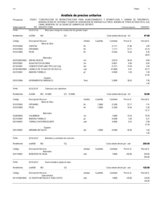 Página :
S10 6
0102011
Presupuesto "CONSTRUCCION DE INFRAESTRUCTURA PARA ALMACENAMIENTO Y DESINFECCION Y CAMARA DE FRIGORIFICO;
REMODELACION DE CISTERNA Y EQUIPO DE GENERACION DE ENERGIA ELECTRICA; ADEMÁS DE OTROS ACTIVOS EN EL (LA)
CAMAL MUNICIPAL DE LA CIUDAD DE LAMBAYEQUE DISTRITO
Análisis de precios unitarios
Fecha presupuesto 15/04/2021
003
Subpresupuesto ARQUITECTURA
Partida 03.03.01.02 Muro para manga de conducción de ganado mayor
m2/DIA
Rendimiento Costo unitario directo por : m2 87.88
EQ.
MO.
Unidad Cuadrilla Cantidad Precio S/.
Código Descripción Recurso Parcial S/.
Mano de Obra
hh
0101010002 0.1111 3.09
27.80
CAPATAZ
hh
0101010003 1.1111 25.74
23.17
OPERARIO
hh
0101010005 0.5556 9.20
16.56
PEON
38.03
Materiales
m3
02070200010002 0.0210 0.80
38.29
ARENA GRUESA
m3
0207070001 0.0051 0.04
8.00
AGUA PUESTA EN OBRA
bol
0213010001 0.1511 2.94
19.49
CEMENTO PORTLAND TIPO I (42.5 kg)
und
02160100010004 47.0000 42.77
0.91
LADRILLO KK 18 HUECOS 9X13X24 cm
p2
0231010001 0.4000 1.40
3.50
MADERA TORNILLO
47.95
Equipos
%mo
0301010006 5.0000 1.90
38.03
HERRAMIENTAS MANUALES
1.90
Partida 03.03.02.01 Cobertura con calaminon
m2/DIA 25.0000
Rendimiento Costo unitario directo por : m2 35.80
25.0000
EQ.
MO.
Unidad Cuadrilla Cantidad Precio S/.
Código Descripción Recurso Parcial S/.
Mano de Obra
hh
0101010003 1.0000 0.3200 7.41
23.17
OPERARIO
hh
0101010005 1.0000 0.3200 5.30
16.56
PEON
12.71
Materiales
m2
0228030002 1.0000 19.20
19.20
CALAMINON
p2
0231010001 0.0588 0.21
3.50
MADERA TORNILLO
und
0251030001 4.0000 2.08
0.52
TORNILLO AUTORROSCANTE
21.49
Equipos
día
0301340001 1.0000 0.0400 1.60
40.00
ANDAMIO METALICO
1.60
Partida 03.03.03.01 Bebedero y comedero de concreto
und/DIA
Rendimiento Costo unitario directo por : und 250.00
EQ.
MO.
Unidad Cuadrilla Cantidad Precio S/.
Código Descripción Recurso Parcial S/.
Materiales
und
0247140001 1.0000 250.00
250.00
BEBEDERO DE AGUA
250.00
Partida 03.03.04.01 Puerta metálica rejada de tubo
und/DIA
Rendimiento Costo unitario directo por : und 120.00
EQ.
MO.
Unidad Cuadrilla Cantidad Precio S/.
Código Descripción Recurso Parcial S/.
Subcontratos
und
04110100010003 1.0000 120.00
120.00
SC PUERTA METALICA A TODO COSTO
120.00
 