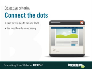 Objective criteria:

Connect the dots
• Take wireframes to the next level
• Use moodboards as necessary




Evaluating Your Website: DESIGN
 