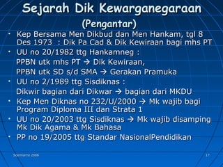 Soemiarno 2006Soemiarno 2006 1717
Sejarah Dik KewarganegaraanSejarah Dik Kewarganegaraan
(Pengantar)(Pengantar)
 Kep Bersama Men Dikbud dan Men Hankam, tgl 8Kep Bersama Men Dikbud dan Men Hankam, tgl 8
Des 1973 : Dik Pa Cad & Dik Kewiraan bagi mhs PTDes 1973 : Dik Pa Cad & Dik Kewiraan bagi mhs PT
 UU no 20/1982 ttg Hankamneg :UU no 20/1982 ttg Hankamneg :
PPBN utk mhs PTPPBN utk mhs PT  Dik Kewiraan,Dik Kewiraan,
PPBN utk SD s/d SMAPPBN utk SD s/d SMA  Gerakan PramukaGerakan Pramuka
 UU no 2/1989 ttg Sisdiknas :UU no 2/1989 ttg Sisdiknas :
Dikwir bagian dari DikwarDikwir bagian dari Dikwar  bagian dari MKDUbagian dari MKDU
 Kep Men Diknas no 232/U/2000Kep Men Diknas no 232/U/2000  Mk wajib bagiMk wajib bagi
Program Diploma III dan Strata 1Program Diploma III dan Strata 1
 UU no 20/2003 ttg SisdiknasUU no 20/2003 ttg Sisdiknas  Mk wajib disampingMk wajib disamping
Mk Dik Agama & Mk BahasaMk Dik Agama & Mk Bahasa
 PP no 19/2005 ttg Standar NasionalPendidikanPP no 19/2005 ttg Standar NasionalPendidikan
 