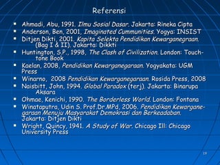 1919
ReferensiReferensi
 Ahmadi, Abu, 1991.Ahmadi, Abu, 1991. Ilmu Sosial Dasar.Ilmu Sosial Dasar. Jakarta: Rineka CiptaJakarta: Rineka Cipta
 Anderson, Ben, 2001,Anderson, Ben, 2001, Imaginated Cummunities.Imaginated Cummunities. Yogya: INSISTYogya: INSIST
 Ditjen Dikti, 2001.Ditjen Dikti, 2001. Kapita Selekta Pendidikan Kewarganegraan.Kapita Selekta Pendidikan Kewarganegraan.
(Bag I & II). Jakarta: Dikkti(Bag I & II). Jakarta: Dikkti
 Huntington, S.P., 1998,Huntington, S.P., 1998, The Clash of CivilizationThe Clash of Civilization. London: Touch-. London: Touch-
tone Booktone Book
 Kaelan, 2008,Kaelan, 2008, Pendidikan Kewarganegaraan.Pendidikan Kewarganegaraan. Yogyakata: UGMYogyakata: UGM
PressPress
 Winarno, 2008Winarno, 2008 Pendidikan Kewarganegaraan.Pendidikan Kewarganegaraan. Rosida Press, 2008Rosida Press, 2008
 Naisbitt, John, 1994.Naisbitt, John, 1994. Global ParadoxGlobal Paradox (terj).(terj). Jakarta: BinarupaJakarta: Binarupa
AksaraAksara
 Ohmae, Kenichi, 1990.Ohmae, Kenichi, 1990. The Borderless World.The Borderless World. London: FontanaLondon: Fontana
 Winataputra, Udin S. Prof.Dr.MPd, 2006.Winataputra, Udin S. Prof.Dr.MPd, 2006. Pendidikan Kewargane-Pendidikan Kewargane-
garaan Menuju Masyarakat Demokrasi dan Berkeadabangaraan Menuju Masyarakat Demokrasi dan Berkeadaban..
Jakarta: Ditjen DiktiJakarta: Ditjen Dikti
 Wright, Quincy, 1941.Wright, Quincy, 1941. A Study of War.A Study of War. Chicago Ill: ChicagoChicago Ill: Chicago
University PressUniversity Press
 