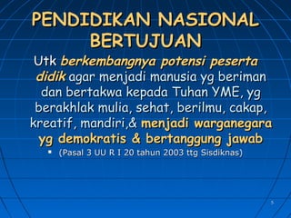 55
PENDIDIKAN NASIONALPENDIDIKAN NASIONAL
BERTUJUANBERTUJUAN
UtkUtk berkembangnya potensi pesertaberkembangnya potensi peserta
didikdidik agar menjadi manusia yg berimanagar menjadi manusia yg beriman
dan bertakwa kepada Tuhan YME, ygdan bertakwa kepada Tuhan YME, yg
berakhlak mulia, sehat, berilmu, cakap,berakhlak mulia, sehat, berilmu, cakap,
kreatif, mandiri,&kreatif, mandiri,& menjadi warganegaramenjadi warganegara
yg demokratis & bertanggung jawabyg demokratis & bertanggung jawab
 (Pasal 3 UU R I 20 tahun 2003 ttg Sisdiknas)(Pasal 3 UU R I 20 tahun 2003 ttg Sisdiknas)
 