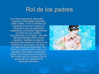 Rol de los padresRol de los padres
Los niños pequeños aprendenLos niños pequeños aprenden
jugando y los papás aprendenjugando y los papás aprenden
junto a ellos. Y en un ámbito tanjunto a ellos. Y en un ámbito tan
especial como es el agua, esespecial como es el agua, es
necesario que los pequeñosnecesario que los pequeños
nadadores se sientan seguros denadadores se sientan seguros de
la mano de sus padres.la mano de sus padres.
Las sesiones en el agua, más alláLas sesiones en el agua, más allá
del aprendizaje mismo de ladel aprendizaje mismo de la
natación, facilitan la relaciónnatación, facilitan la relación
afectiva entre padres e hijos en laafectiva entre padres e hijos en la
medida en que pasan los días ymedida en que pasan los días y
los ejercicios de seguridad. Delos ejercicios de seguridad. De
hecho la coordinación motriz y elhecho la coordinación motriz y el
equilibrio que logre el pequeño,equilibrio que logre el pequeño,
estará favorecida por la ausenciaestará favorecida por la ausencia
del miedo que la consigue por ladel miedo que la consigue por la
ayuda de sus padres en laayuda de sus padres en la
iniciación acuática.iniciación acuática.
 