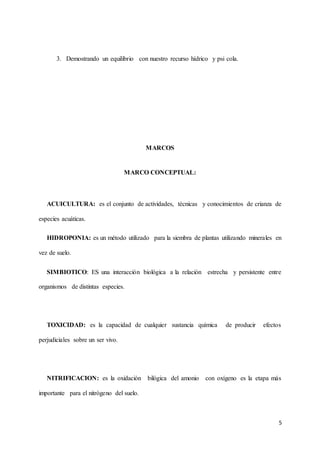 5 
3. Demostrando un equilibrio con nuestro recurso hídrico y psi cola. 
MARCOS 
MARCO CONCEPTUAL: 
ACUICULTURA: es el conjunto de actividades, técnicas y conocimientos de crianza de 
especies acuáticas. 
HIDROPONIA: es un método utilizado para la siembra de plantas utilizando minerales en 
vez de suelo. 
SIMBIOTICO: ES una interacción biológica a la relación estrecha y persistente entre 
organismos de distintas especies. 
TOXICIDAD: es la capacidad de cualquier sustancia química de producir efectos 
perjudiciales sobre un ser vivo. 
NITRIFICACION: es la oxidación bilógica del amonio con oxígeno es la etapa más 
importante para el nitrógeno del suelo. 
 
