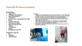 Desarrollo del sistema acuapónico
Materiales
• tubo PVC
• botellas recicladas
• tela de algodón
• Tezontle
• tambo con capacidad de 300
litros
• bomba de aire
• bomba de agua
• filtro de peces koi
• tilapia
• manguera
• agua
• medidores de PH
Pesticida natural
• Ajo
• cebolla
• atomizador
Proceso
• Realizar circunferencias en el tubo de PVC de 7 cm de diámetro,
al inicio colocar el filtro de peces koi para filtrar el agua, el tambo
de 300 L cortar a manera de realizar una pequeña puerta.
• Buscar un lugar apto para comenzar a colocar el sistema, el
tubo de PVC debe de estar acomodado de tal tal forma que el
agua regresé al tambo.
• Conectar la bomba de agua a la manguera y la bomba de
aire, llenar el tambo de agua y colocar los pescados dentro.
• Cortar las botellas recicladas de 600 ML.
• Conectar a corriente eléctrica las dos bombas para empezar a
trabajar el sistema.
 