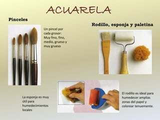 ACUARELA
Pinceles
                                    Rodillo, esponja y paletina
                  Un pincel por
                  cada grosor:
                  Muy fino, fino,
                  medio, grueso y
                  muy grueso




                                                 El rodillo es ideal para
     La esponja es muy                           humedecer amplias
     útil para                                   zonas del papel y
     humedecimientos                             colorear tenuemente.
     locales
 
