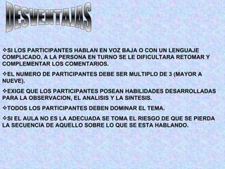 DESVENTAJAS SI LOS PARTICIPANTES HABLAN EN VOZ BAJA O CON UN LENGUAJE COMPLICADO, A LA PERSONA EN TURNO SE LE DIFICULTARA RETOMAR Y COMPLEMENTAR LOS COMENTARIOS. EL NUMERO DE PARTICIPANTES DEBE SER MULTIPLO DE 3 (MAYOR A NUEVE). EXIGE QUE LOS PARTICIPANTES POSEAN HABILIDADES DESARROLLADAS PARA LA OBSERVACION, EL ANALISIS Y LA SINTESIS. TODOS LOS PARTICIPANTES DEBEN DOMINAR EL TEMA. SI EL AULA NO ES LA ADECUADA SE TOMA EL RIESGO DE QUE SE PIERDA LA SECUENCIA DE AQUELLO SOBRE LO QUE SE ESTA HABLANDO. 
