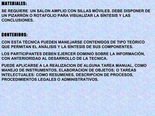 MATERIALES: SE REQUIERE  UN SALON AMPLIO CON SILLAS MÒVILES. DEBE DISPONER DE UN PIZARRÒN O ROTAFOLIO PARA VISUALIZAR LA SÌNTESIS Y LAS CONCLUSIONES. CONTENIDOS: CON ESTA TÈCNICA PUEDEN MANEJARSE CONTENIDOS DE TIPO TEÓRICO QUE PERMITAN EL ANÀLISIS Y LA SÌNTESIS DE SUS COMPONENTES. LOS PARTICIPANTES DEBEN EJERCER DOMINIO SOBRE LA INFORMACIÒN, CON ANTERIORIDAD AL DESARROLLO DE LA TECNICA. PUEDE APLICARSE A LA REALIZACION DE ALGUNA TAREA MANUAL, COMO MANEJO DE INSTRUMENTOS, ELABORACION DE OBJETOS; O TAREAS INTELECTUALES: COMO RESUMENES, DESCRIPCION DE PROCESOS, PROCEDIMIENTOS LEGALES O ADMINISTRATIVOS. 