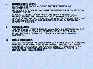DISTRIBUCION DEL GRUPO: EL INSTRUCTOR DIVIDE AL GRUPO EN TRES TRIANGULOS CONCENTRICOS. RELACIONA A CADA PEZ CON UN RETROALIMENTADOR Y A ESTE CON UN SINTETIZADOR. EXPLICA AL GRUPO LA MECANICA QUE SE VA A SEGUIR: CADA RETROALIMENTADOR COMPLEMENTA LA INFORMACION QUE PROPORCIONA SU PEZ, Y CADA SINTETIZADOR RESUME LO DICHO POR EL RETROALIMENTADOR QUE LE CORRESPONDE. EL INSTRUCTOR ESPECIFICA TIEMPOS. ANALISIS DEL TEMA: LOS PECES ANALIZAN Y PROPORCIONAN TODA LA INFORMACION QUE TENGAN SOBRE EL TEMA, SU PARTICIPACION ES ALTERNADA. EL INSTRUCTOR CONTROLA EL TIEMPO Y A TODOS PARA QUE PARTICIPEN. RETROALIMENTADORES: CADA RETROALIMENTADOR REPRODUCE Y COMPLEMENTA LAS IDEAS PRINCIPALES QUE HAYA APORTADO SU PEZ; EN CASO DE TAREAS MANUALES, DESCRIBE Y COMPLEMENTAMENTA. TAMBIEN PUEDEN DESCRIBIR EL COMPORTAMIENTO QUE OBSERVO EN SU PEZ, SU INTERVENCION ES ALTERNADA. 